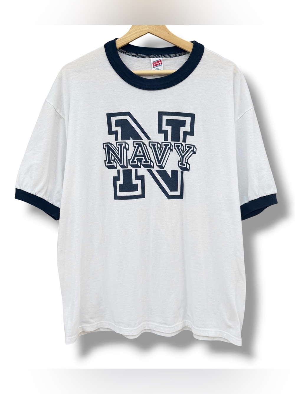 Vintage 80s-90s US Navy Soffe Ringer T-Shirt White/Navy Blue Size XL